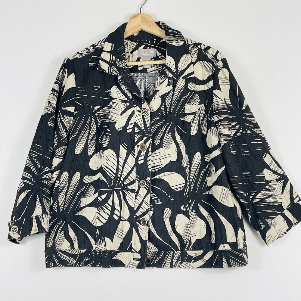 Chico's Blazer Jacket Women 1 Medium Brown Tan Tropical Resort Chic Travel Beach